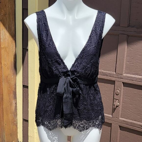 Free People black Chante lace romantic deep V camisole tank with bow size M - Picture 3 of 11